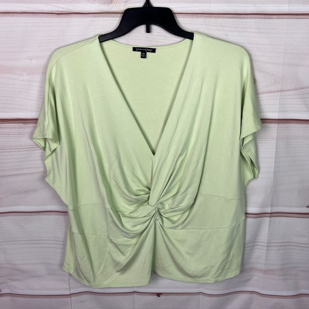 Sam And Jess Top Womens XXL Green V-Neck Blouse Dolman Sleeve Twist Front Knit